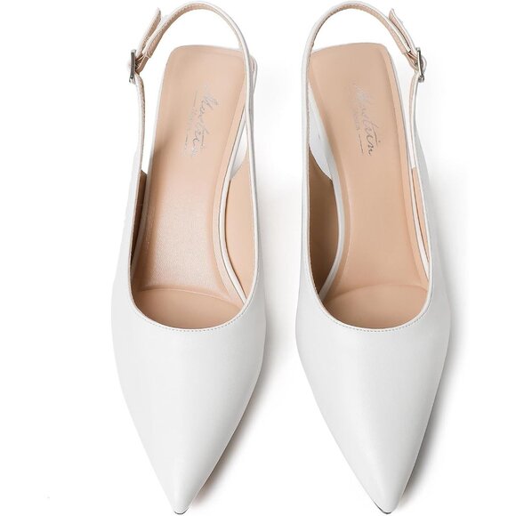 Mostrin Kitten Heel White Faux Leather Low Slingback Heels with Buckle - Picture 7 of 9